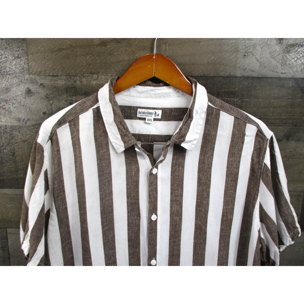 The Endless Summer Shirt Mens 2XL Brown White Striped Button Up Rayon Surf Beach
